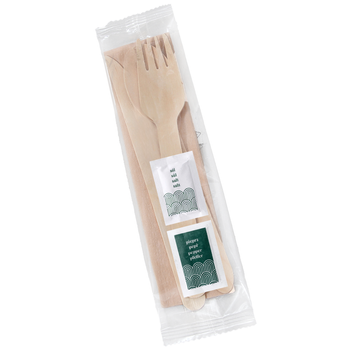 Zestaw EKO drewniany serwetka, nóż, widelec, łyżka, sól, pieprz x  250 sztuk